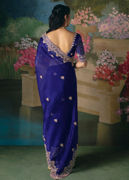 Royal Blue Soft Tissue Silk Heavy Blouse Designer Saree