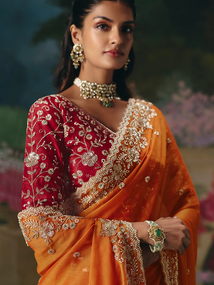 Rust Orange Soft Tissue Silk Heavy Blouse Designer Saree