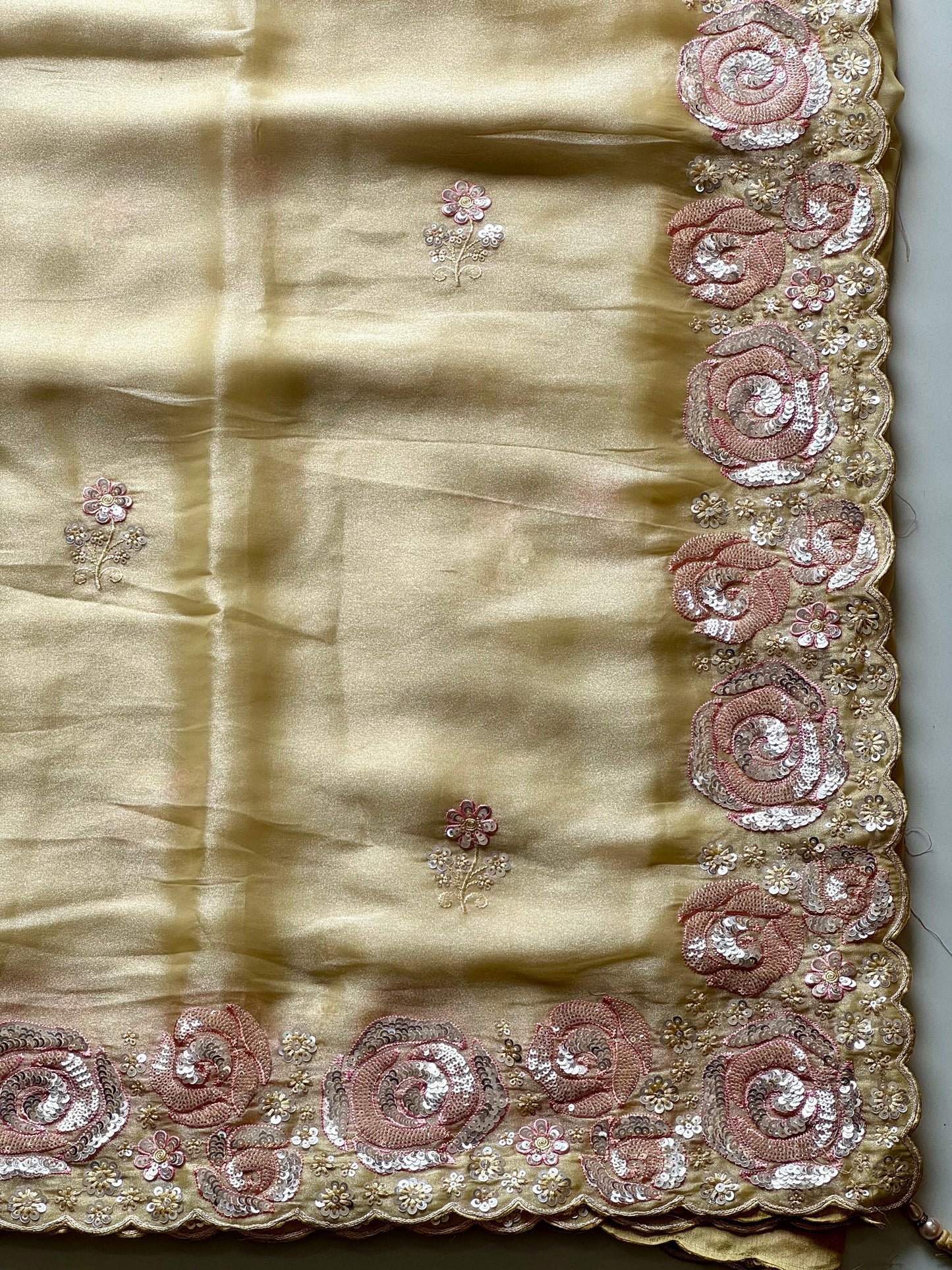 Pineapple Light Yellow Rose Work Tissue Silk Sareee