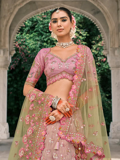 Pink Floral Light Olive Green Shaded Embroidered Silk Lehenga