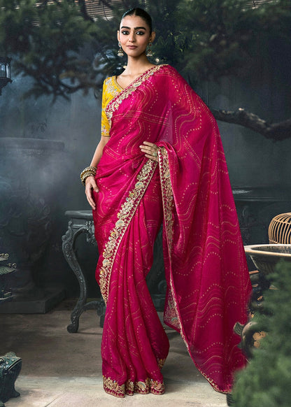 Pink Bandhej Saree with heavy work designer blouse piece