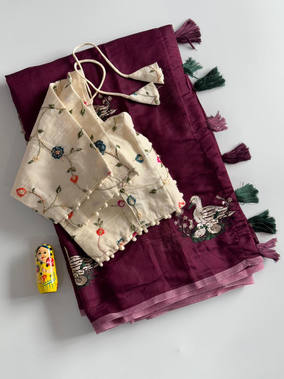 Chanderi Cotton Embroidered Saree with Readymade Blouse