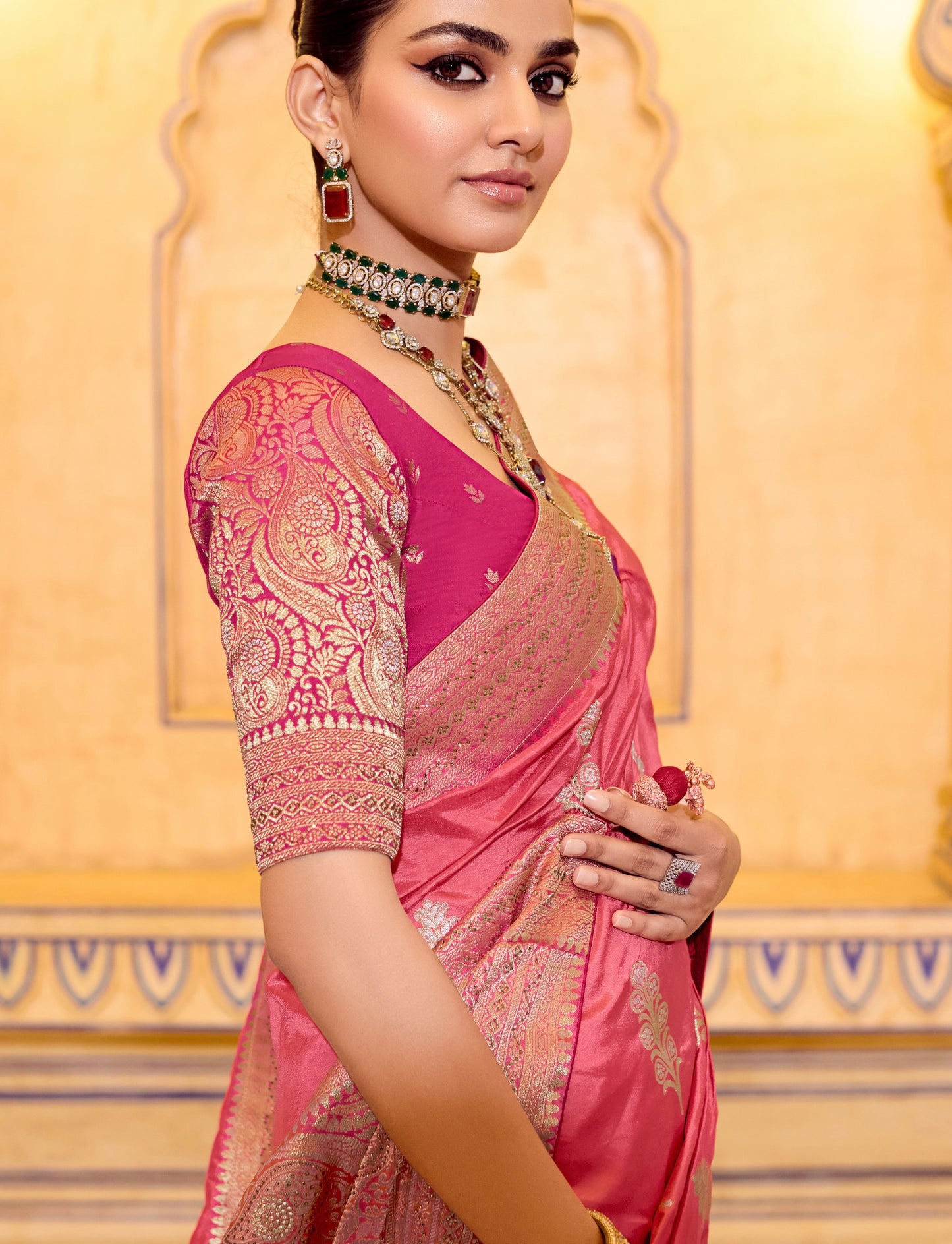 Peach Crepe Silk Soft Saree With Contrast Blouse