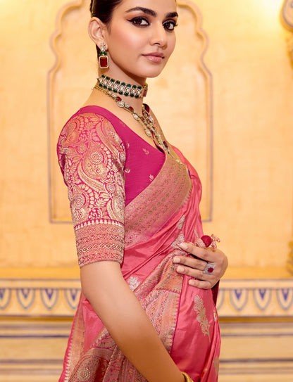 Peach Crepe Silk Soft Saree With Contrast Blouse
