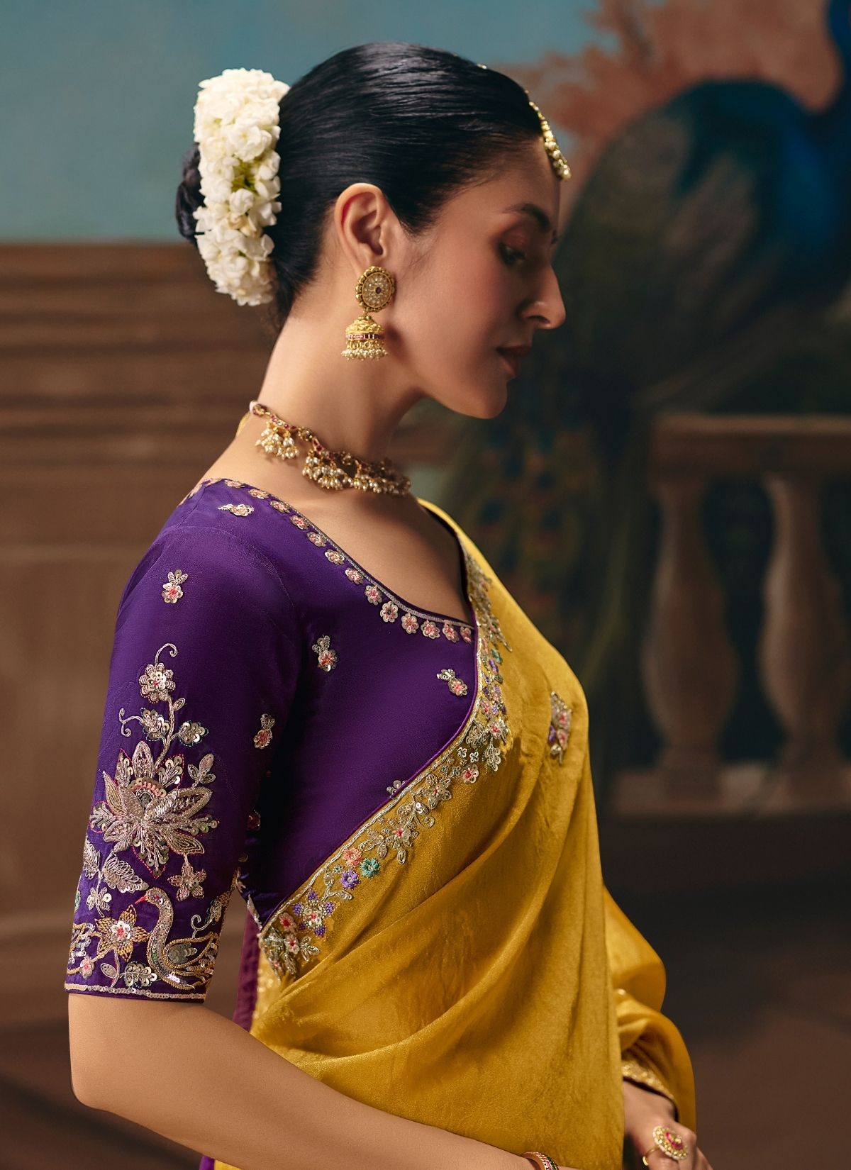 Mustard Yellow Tissue Silk Floral Zari Work Saree
