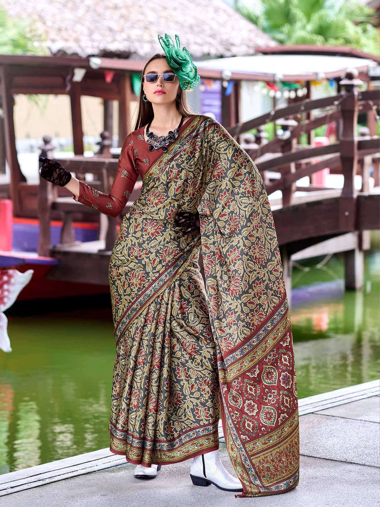 Grey Green Satin Crepe Digital Printed Saree