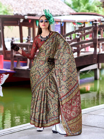 Grey Green Satin Crepe Digital Printed Saree