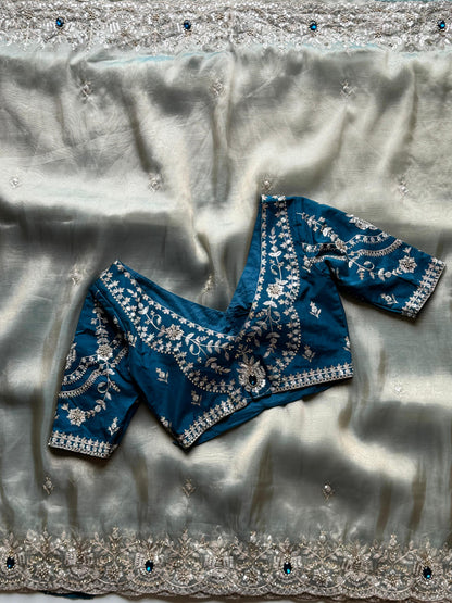 Ice Blue Soft Organza Silk Saree with Designer Blouse