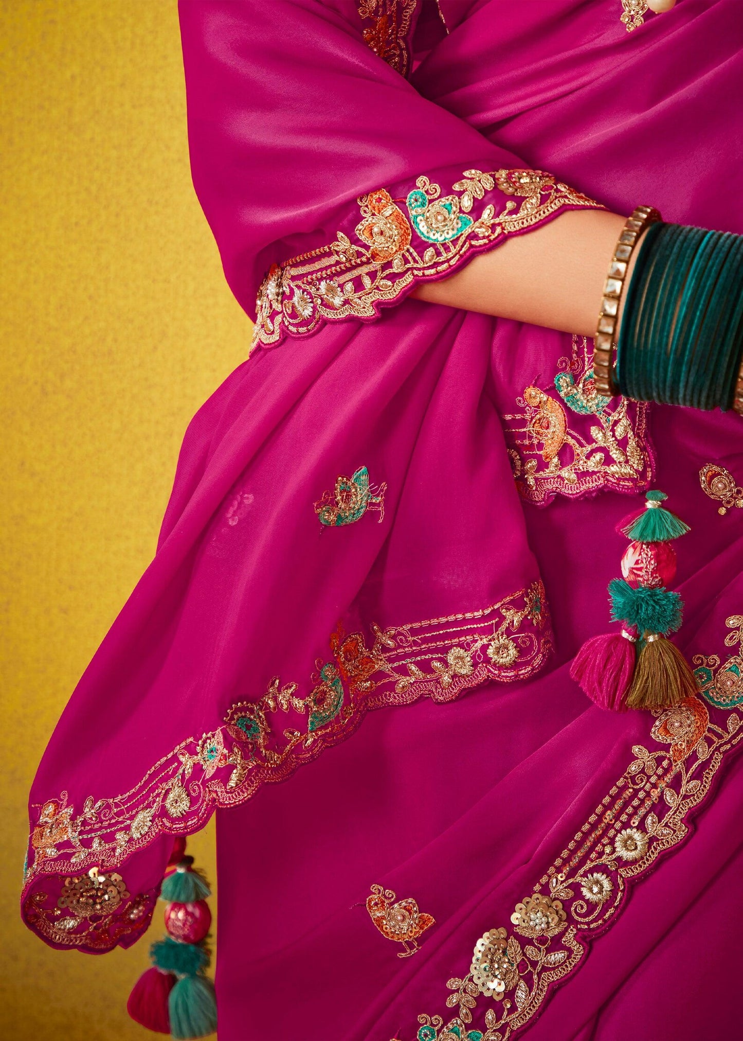 Magenta Pink Soft Tissue Silk Saree with Multicolour Blouse