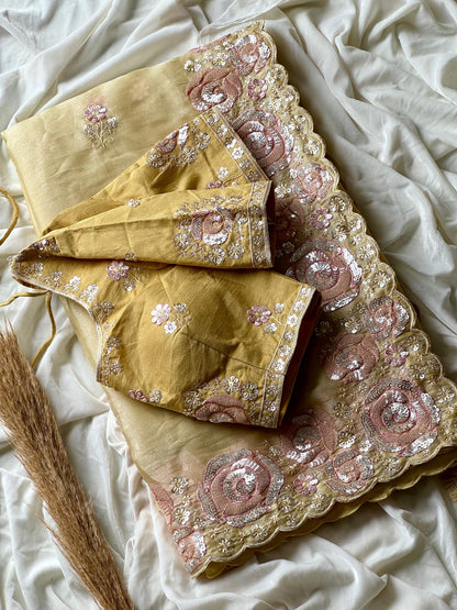 Pineapple Light Yellow Rose Work Tissue Silk Sareee