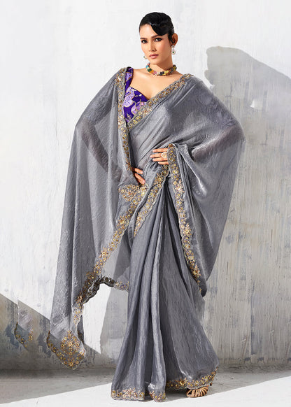 Grey Zari Tissue Saree with Printed Blouse