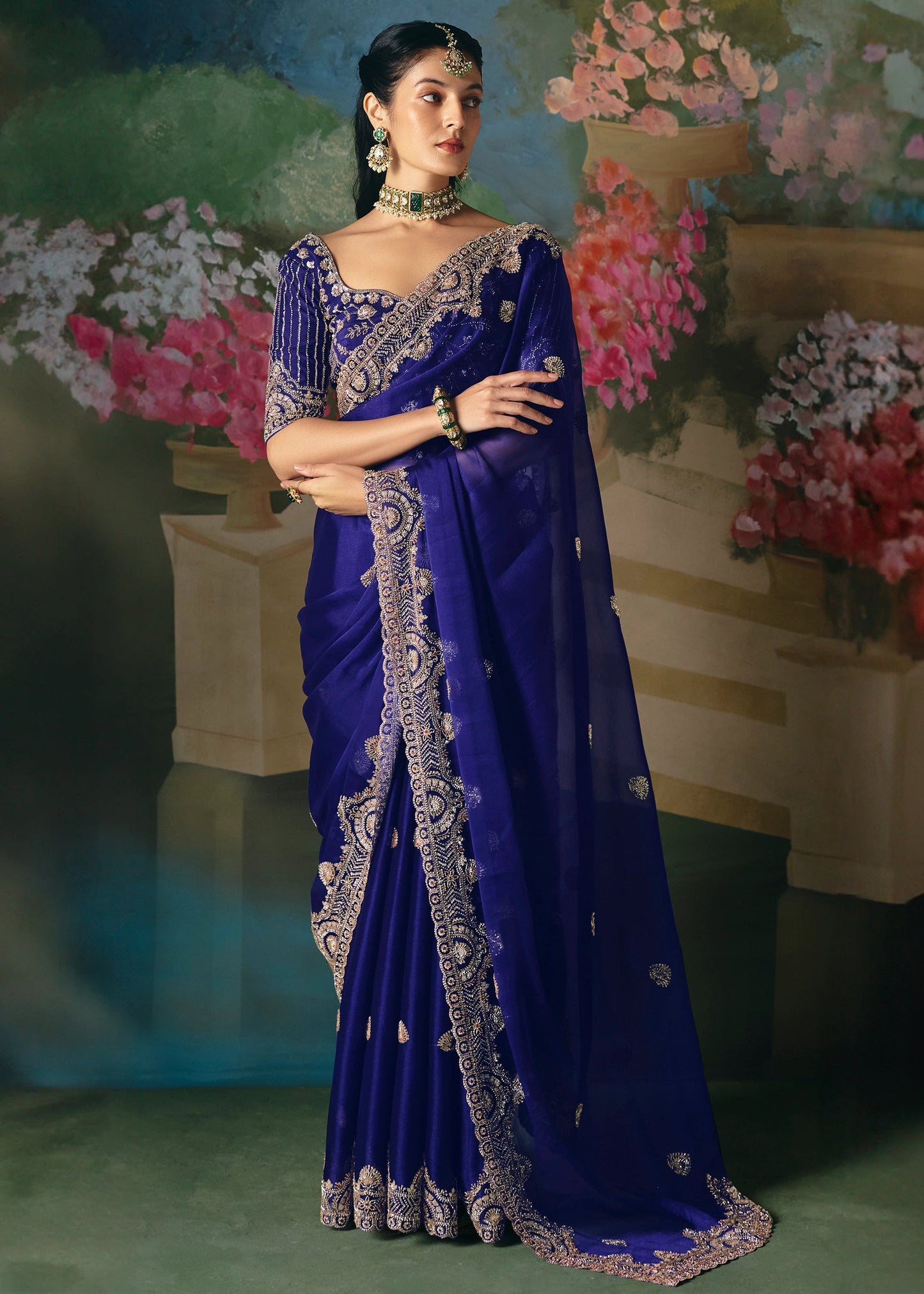 Royal Blue Soft Tissue Silk Heavy Blouse Designer Saree