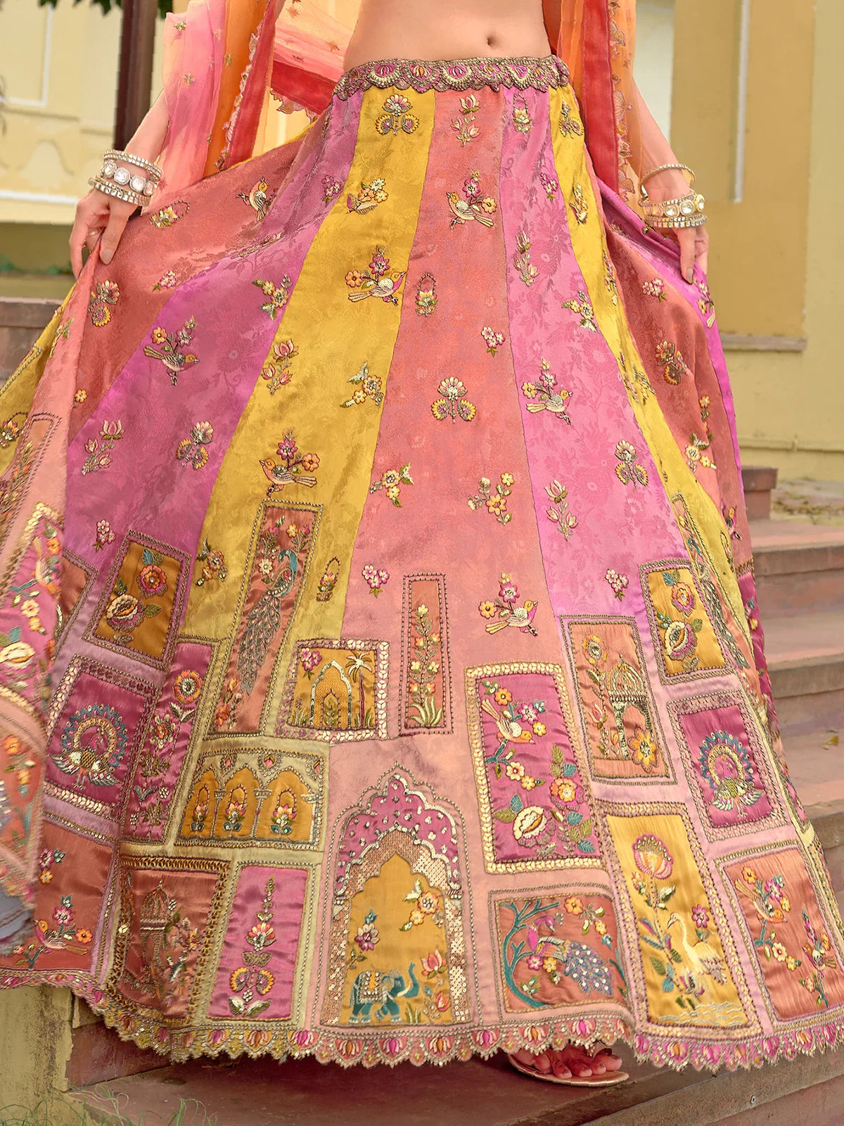 Pink & Peach Embroidered Silk Designer Lehenga