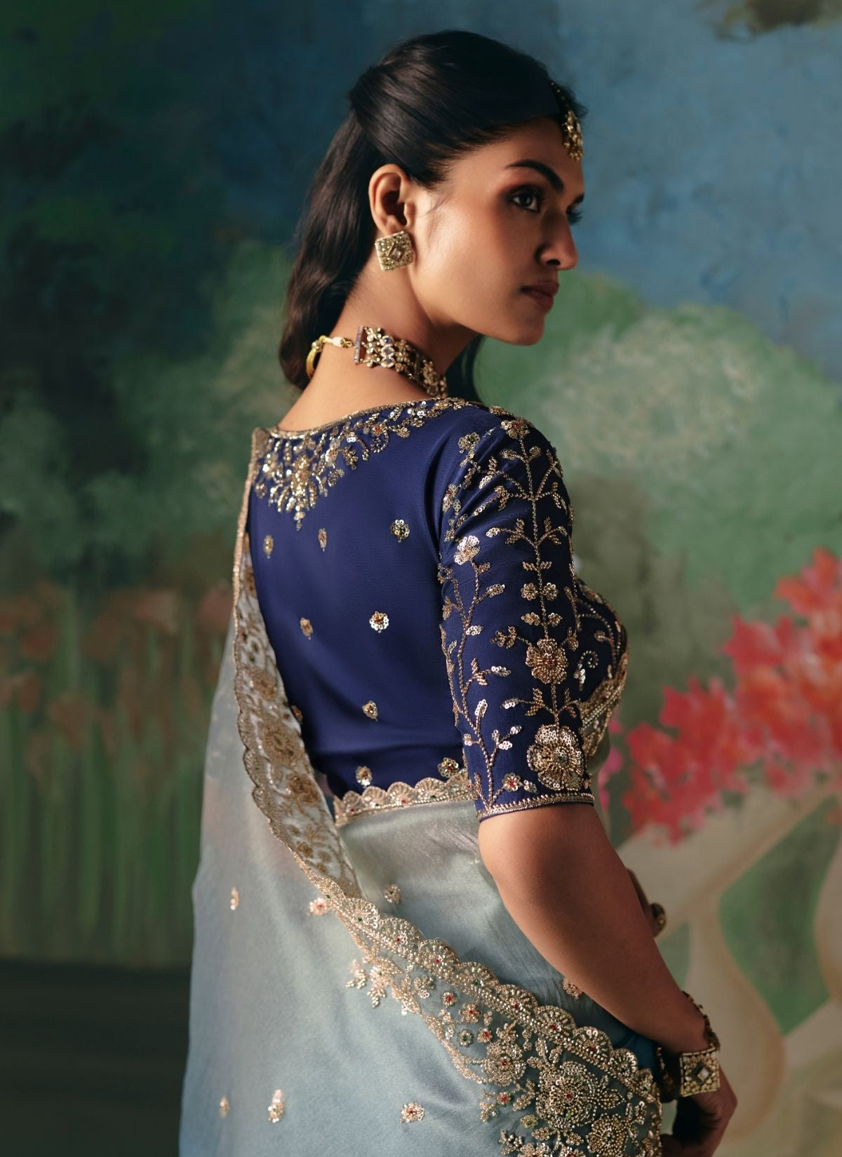 Shaded Ocean Blue Soft Tissue Silk Heavy Blouse Designer Saree
