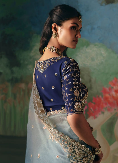 Shaded Ocean Blue Soft Tissue Silk Heavy Blouse Designer Saree