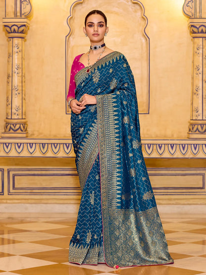 Blue Crepe Silk Soft Saree With Contrast Blouse