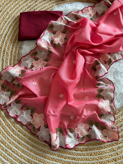Soft Kota Doriya Saree with Embroidery Floral Work