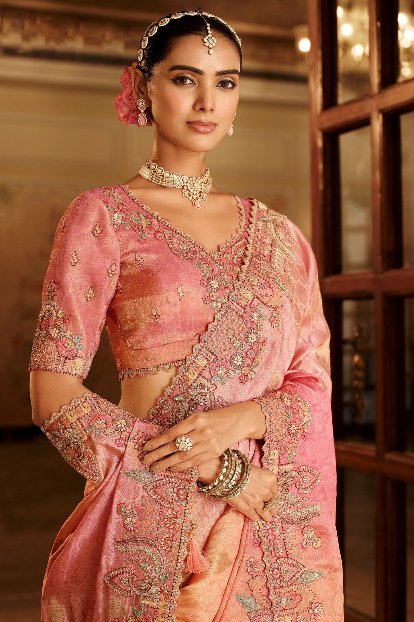 Peach, Coral Orange & Pink Embroidered Border Zari Viscose Silk