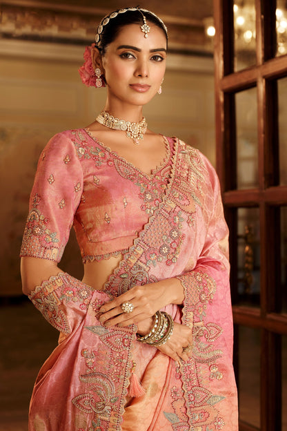 Peach, Coral Orange & Pink Embroidered Border Zari Viscose Silk