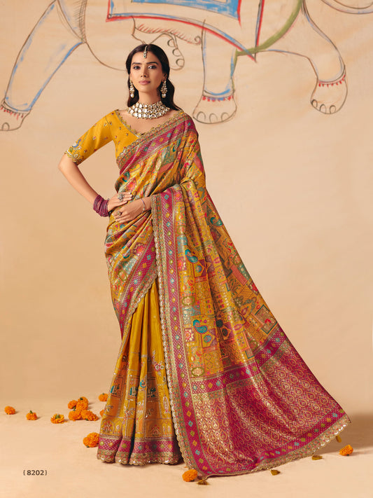 Yellow Dola Silk Half Embroidery & Half Position Print Saree