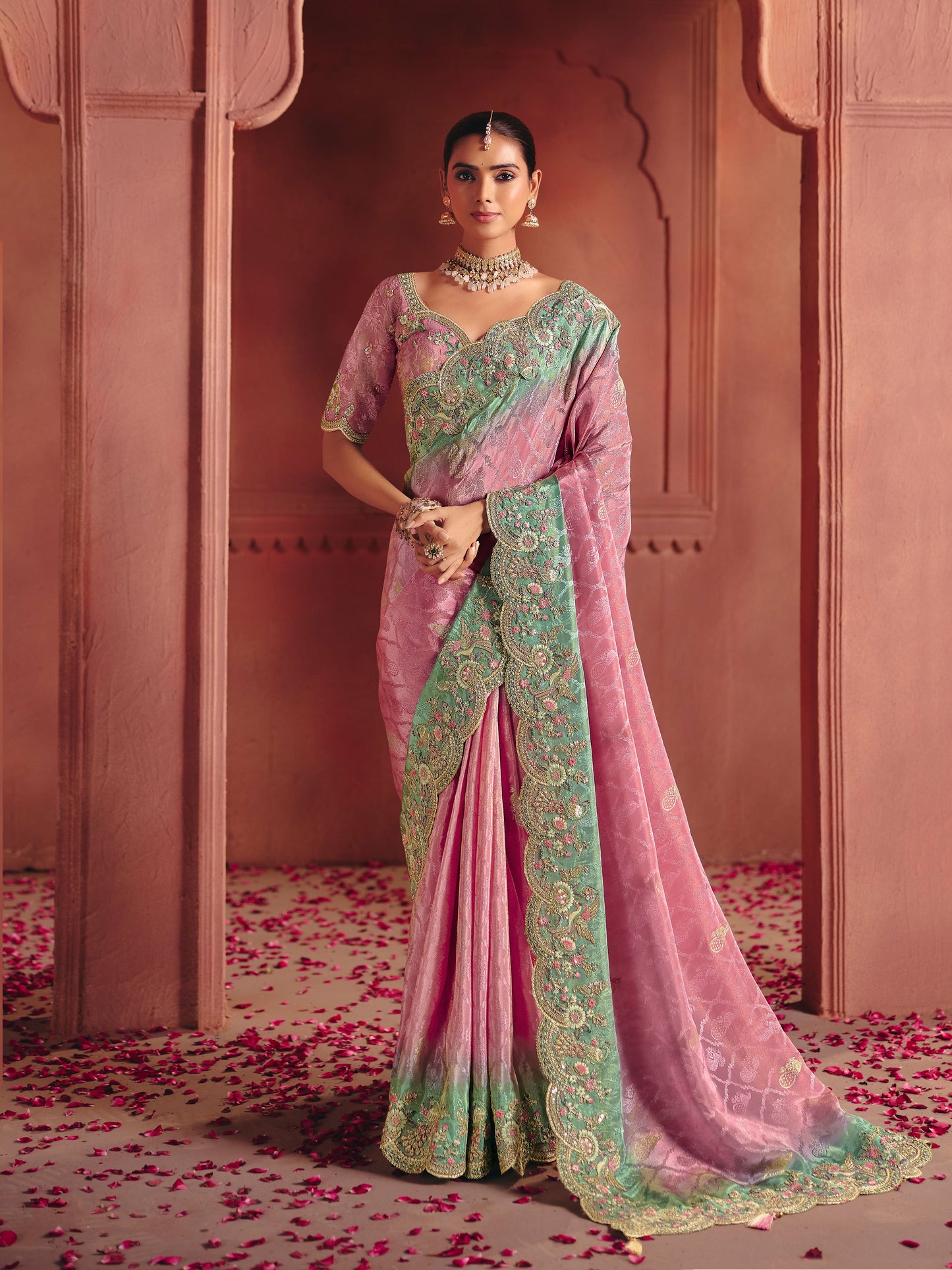 Dusty Rose Pink With Mint Green Border Zari Viscose Tissue Saree With Dusty Rose Blouse