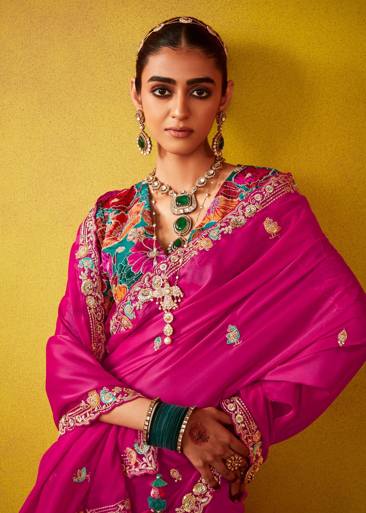 Magenta Pink Soft Tissue Silk Saree with Multicolour Blouse