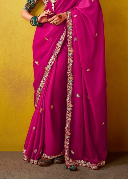 Magenta Pink Soft Tissue Silk Saree with Multicolour Blouse