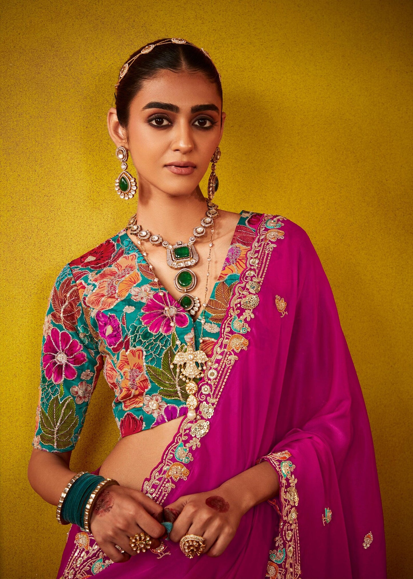 Magenta Pink Soft Tissue Silk Saree with Multicolour Blouse