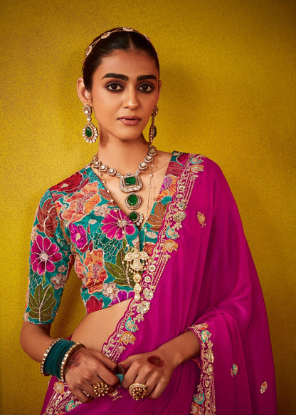 Magenta Pink Soft Tissue Silk Saree with Multicolour Blouse