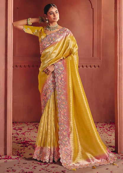 Mustard Yellow Heavy Border Gloss Silk Saree