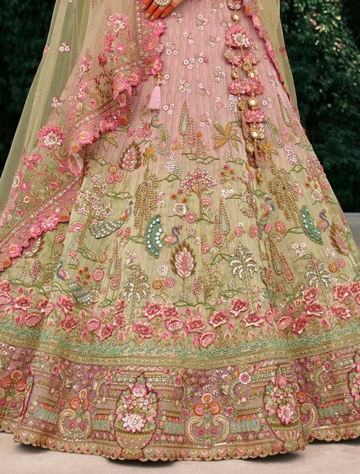 Pink Floral Light Olive Green Shaded Embroidered Silk Lehenga