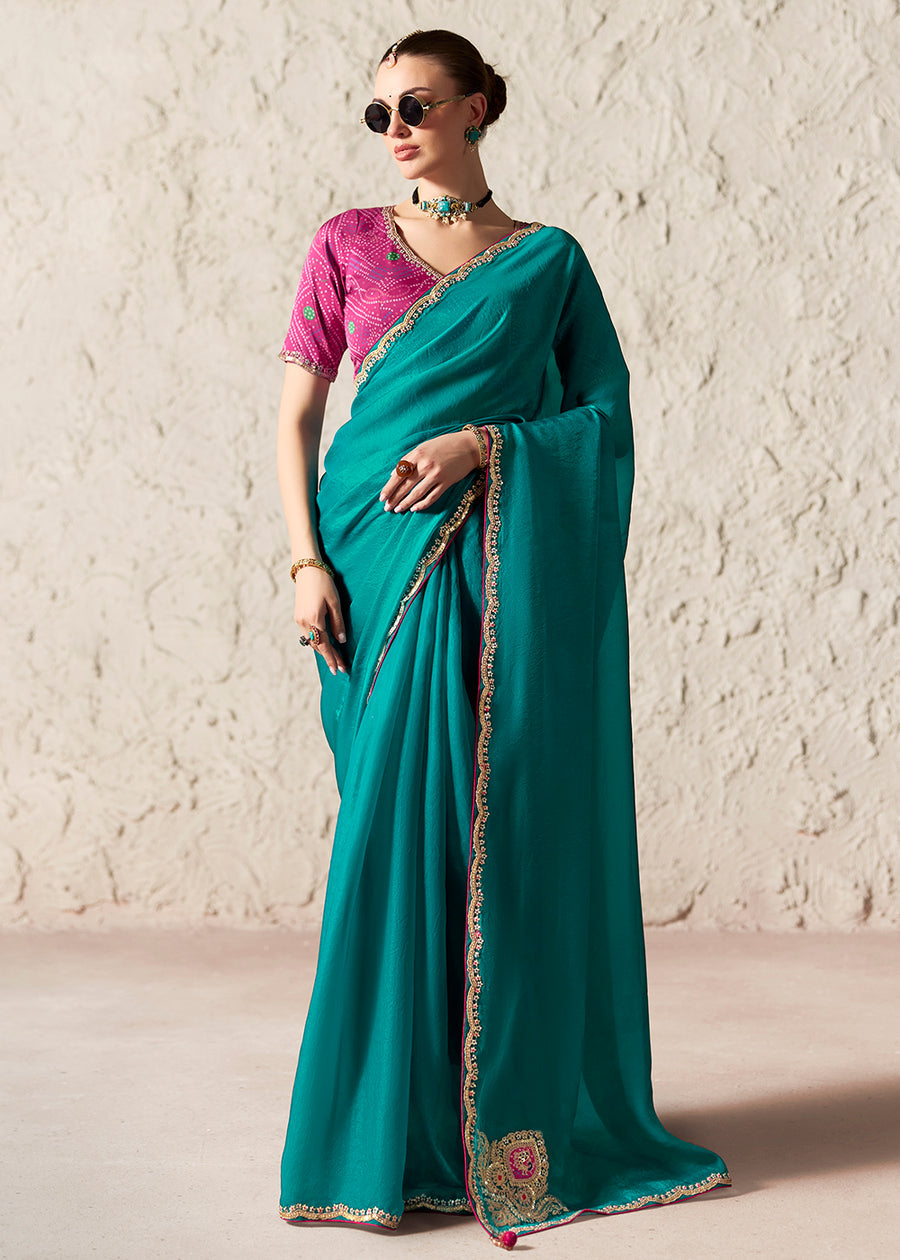 Teal Green Soft Tissue Silk Designer Saree