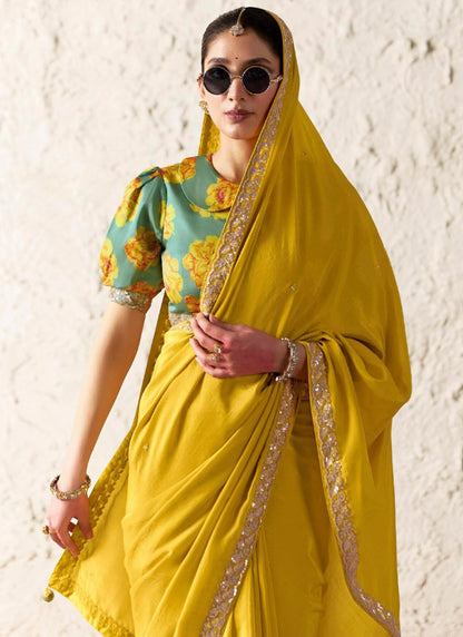 Lemon Yellow Soft Tissue Silk Designer Saree