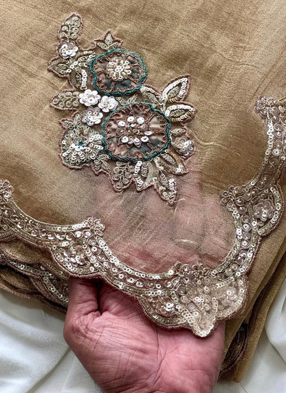 Sand Beige Organza Tissue Silk Designer Saree
