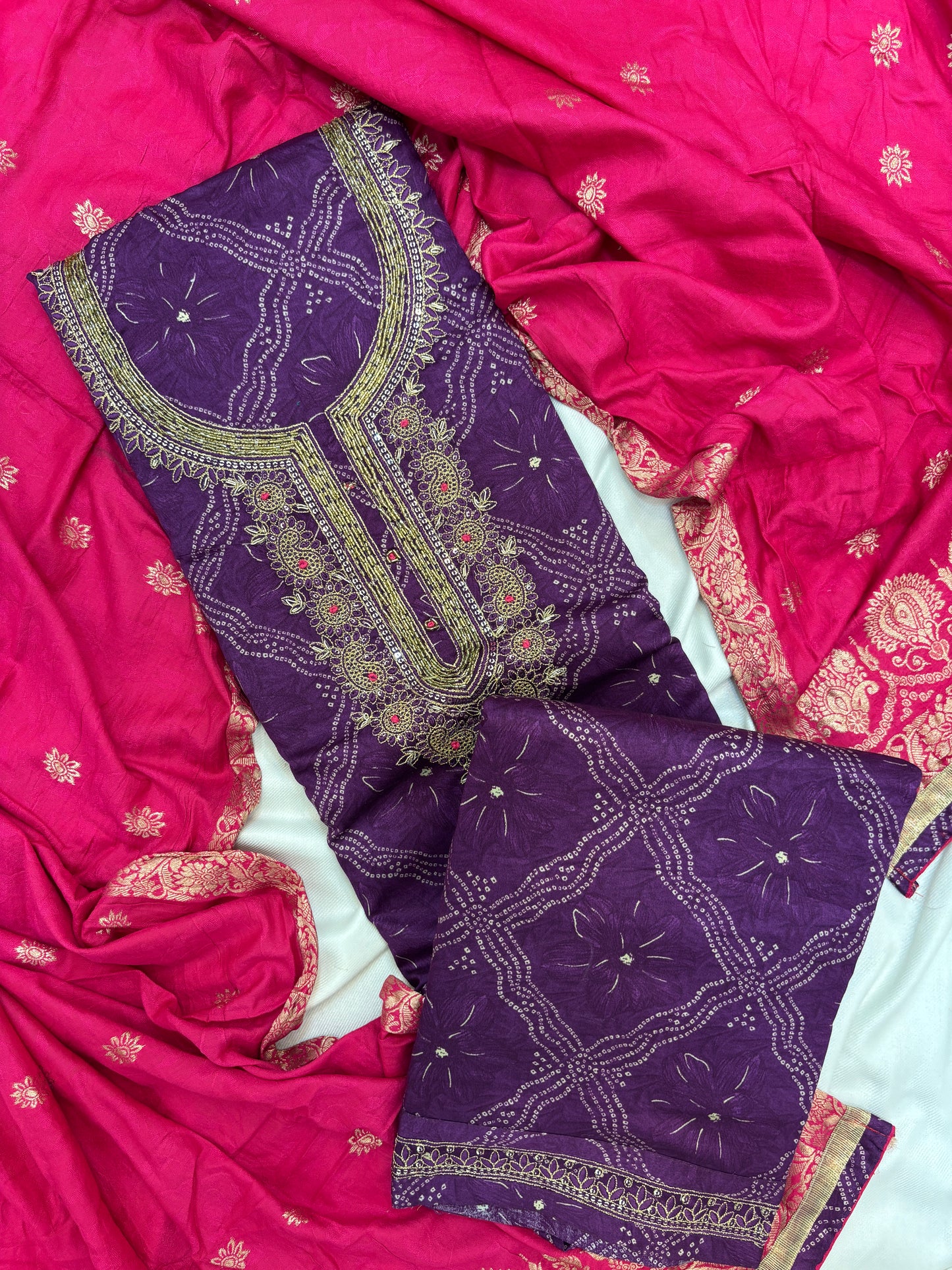 Purple Zari Work Unstitch Suit Set with Banarasi Dupatta