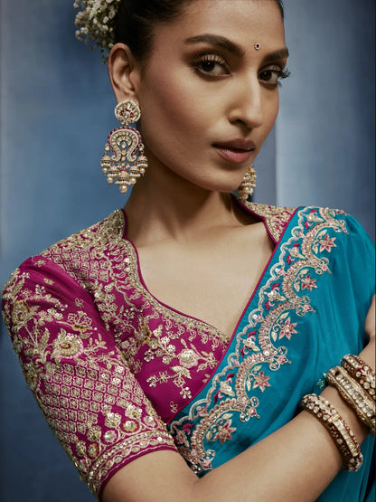 Aqua Blue Soft Silk Saree with Designer Readymade Blouse