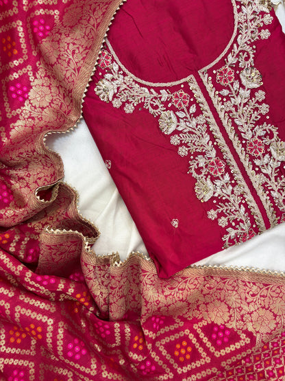Beautiful Silk Zari Unstitch Suit Set with Potli Bag