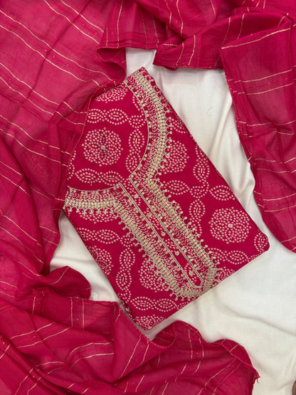 Zari Work with Chunri Print Unstitch Suit Set in Pink Color