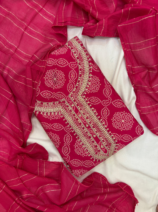 Zari Work with Chunri Print Unstitch Suit Set in Pink Color