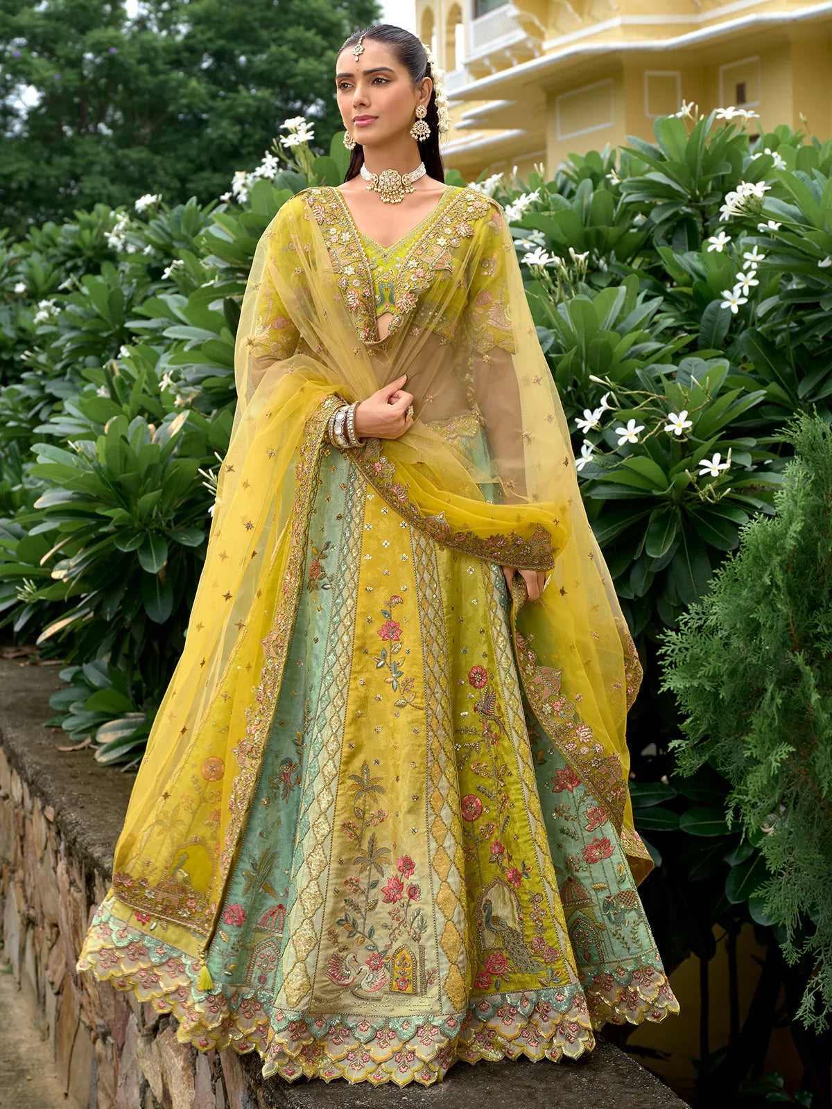 Mustard Yellow & Sage Green Embroidered Silk Designer Lehenga