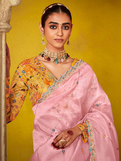 Baby Pink Soft Tissue Silk Designer Saree