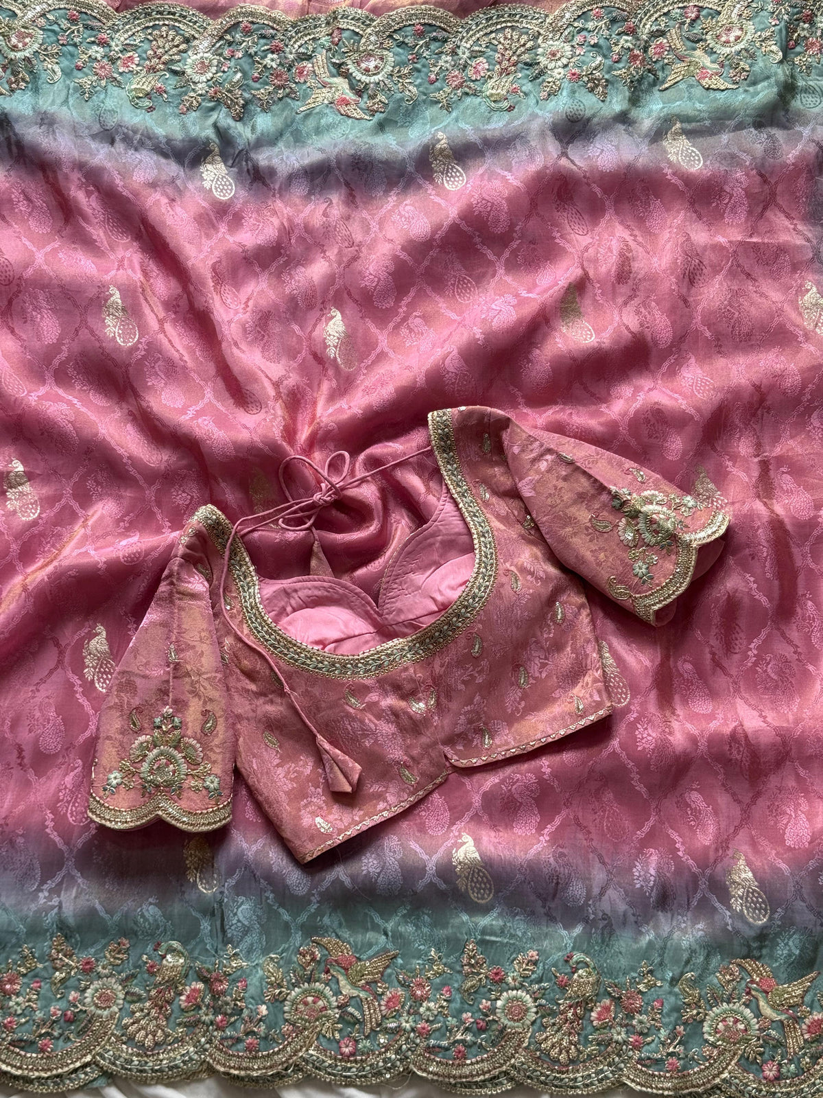 Dusty Rose Pink With Mint Green Border Zari Viscose Tissue Saree With Dusty Rose Blouse