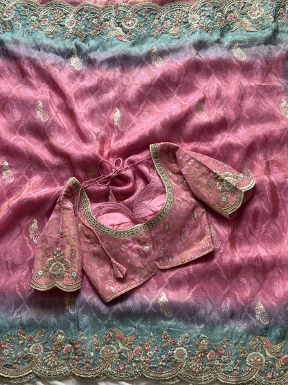 Dusty Rose Pink With Mint Green Border Zari Viscose Tissue Saree With Dusty Rose Blouse