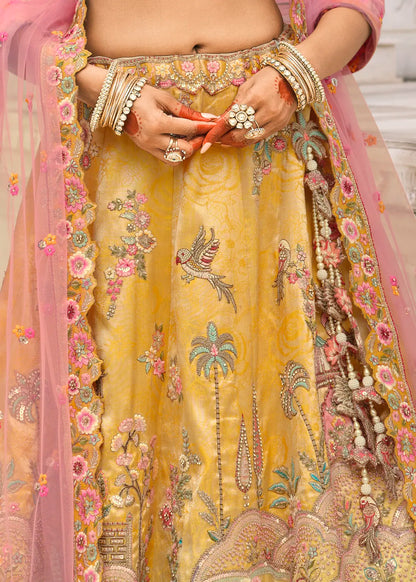 Pastel Yellow Silk Peacock Lehenga