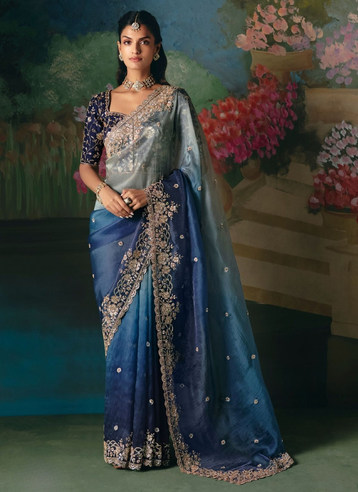 Shaded Ocean Blue Soft Tissue Silk Heavy Blouse Designer Saree