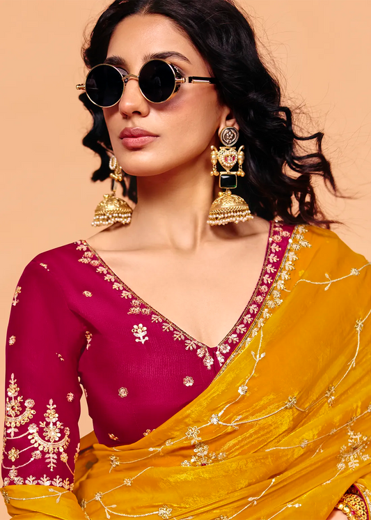 Yellow Soft Tissue Silk Designer Saree (Unstitched blouse)