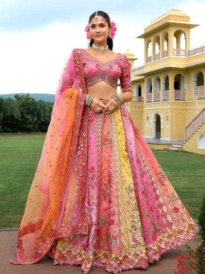 Pink & Yellow Silk Embroidered Designer Lehenga