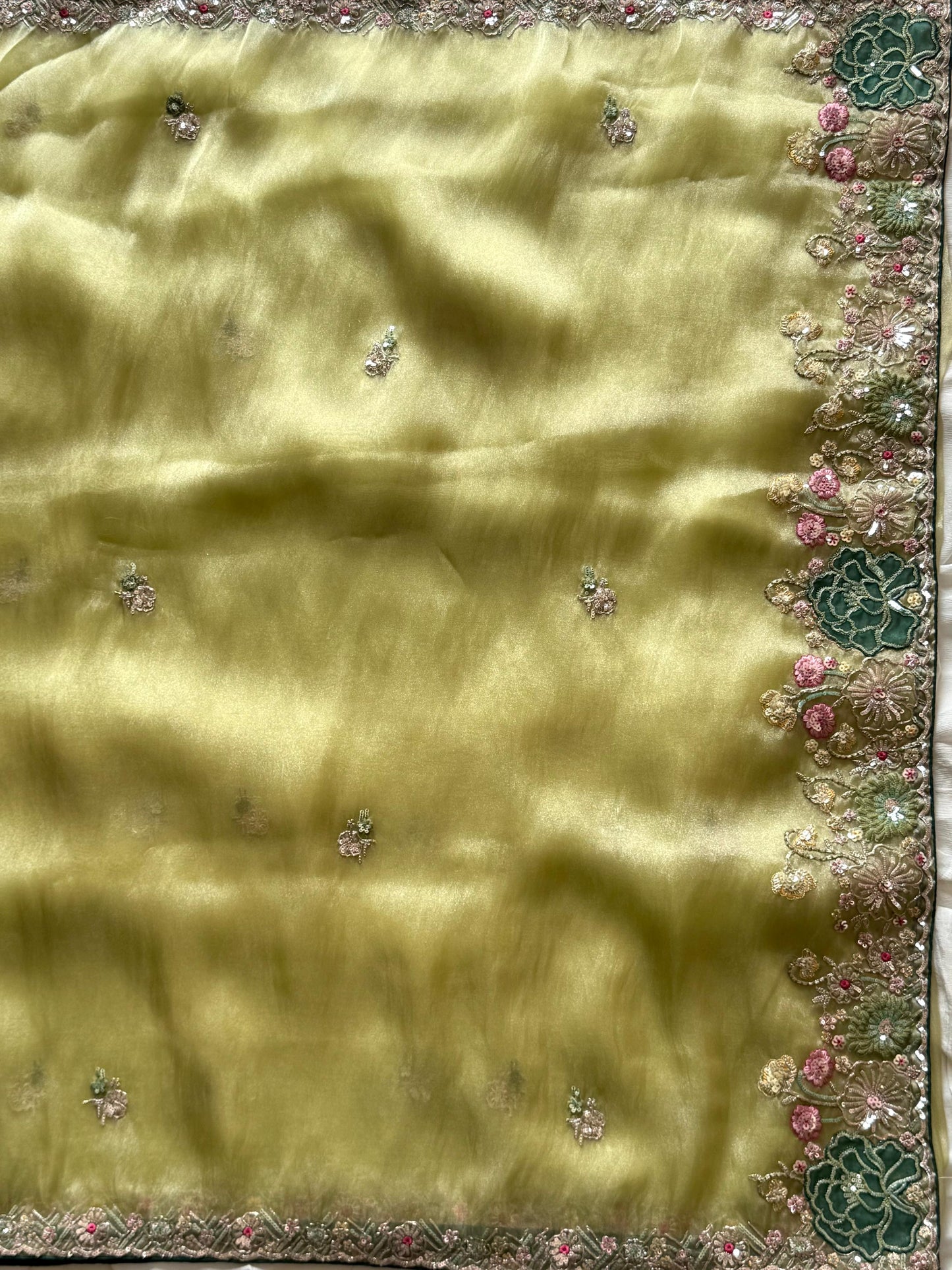 Pista Organza Tissue Silk Saree With Designer Blouse