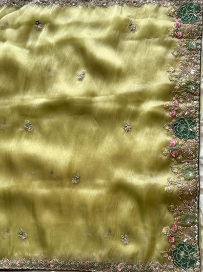 Pista Organza Tissue Silk Saree With Designer Blouse