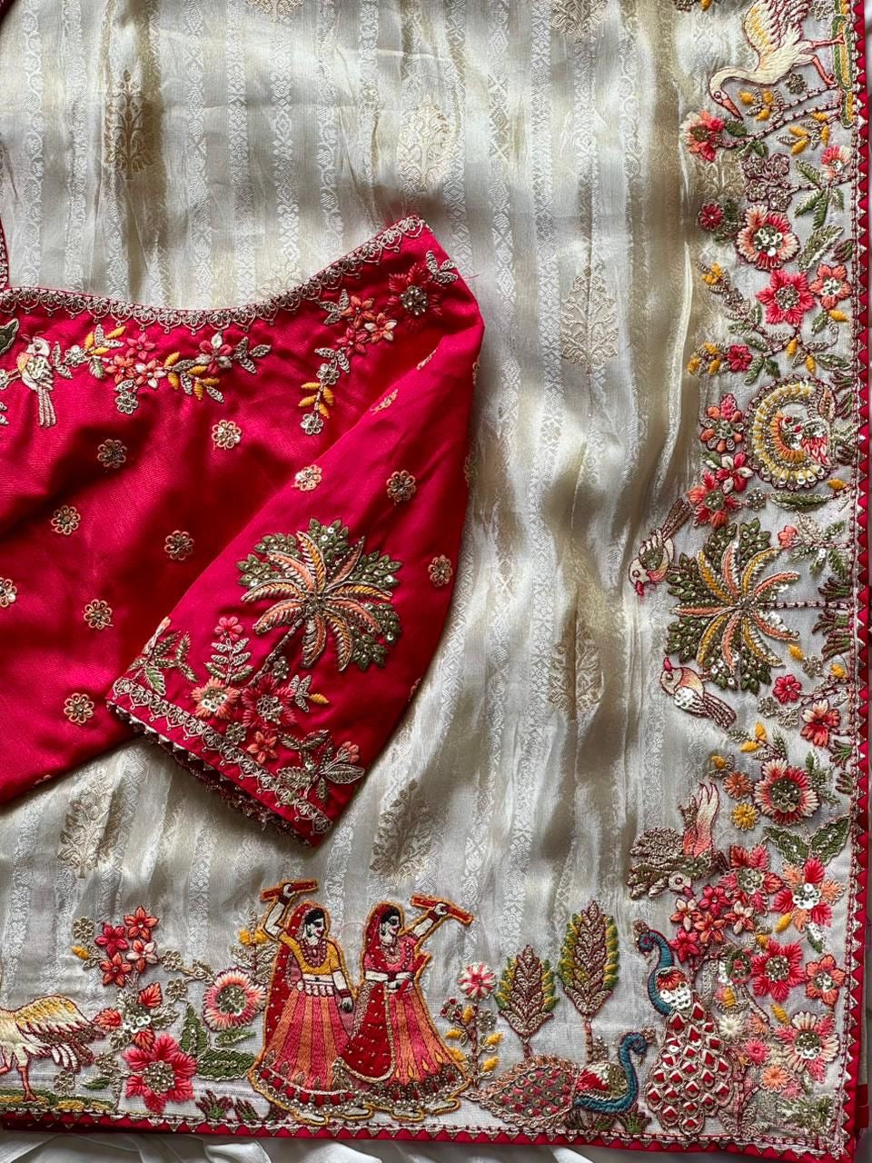 Creme Silk Traditional Saree with Maroon Heavy Blouse